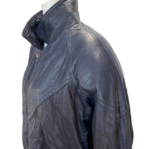 Vintage Navy Blue Leather Bomber Jacket, Shoulder Pads, Retro Outerwear - Picture 2 of 5